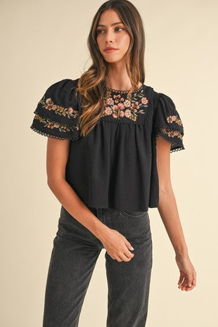 FLORAL EMBROIDERED RUFFLE SLEEVE TOP